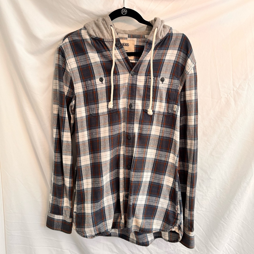 Vans Blue Flannel Shirt Jacket With Hoodie, Side Pockets & Buttons. Size Medium.